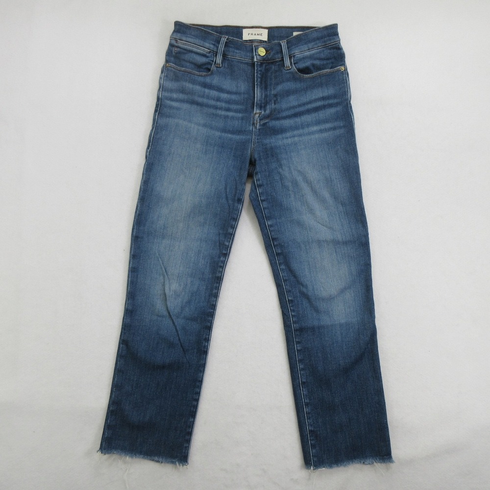 FRAME Women's Jeans 26 Le High Straight Blue Stretch Denim Raw Hem Cropped